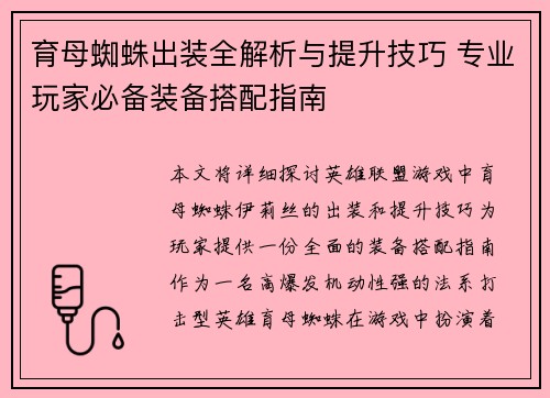 育母蜘蛛出装全解析与提升技巧 专业玩家必备装备搭配指南